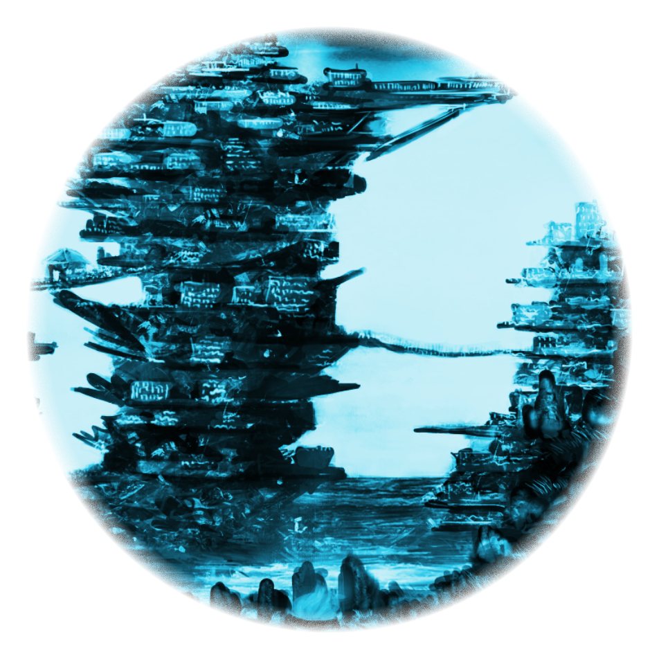 Blue-tinted concept art of a grand oceanic city with towering spires connected by intricate bridges.