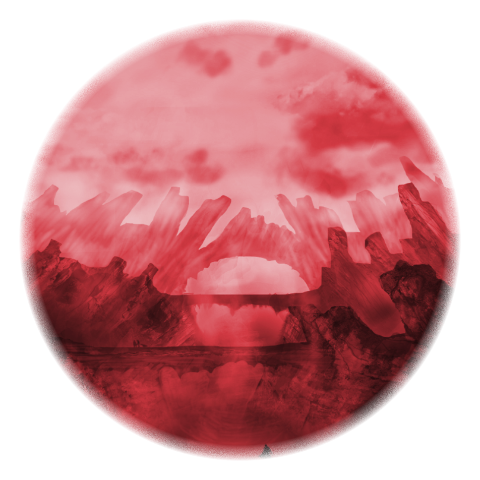 Dramatic geological concept art filtered in red, featuring soaring rock bridges and jagged crags.