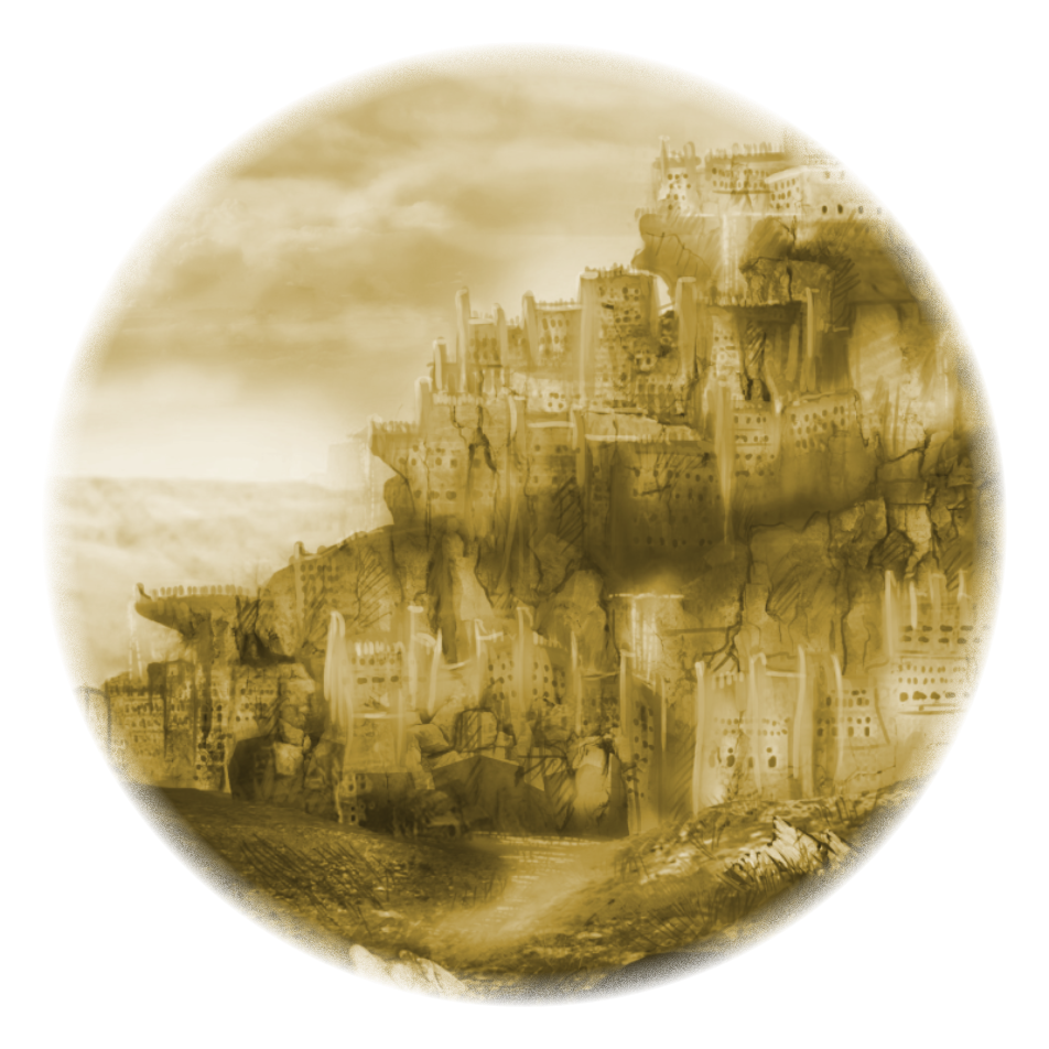 Yellow-tinted concept art of a majestic city carved directly into the face of a sun-drenched cliff.