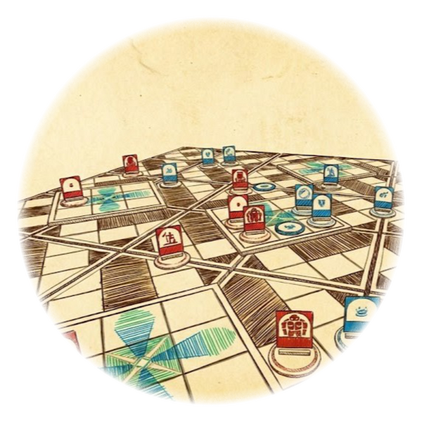 The Labyrinth in Play A cinematic digital sketch showing a full game board with character standees positioned across modular tiles.