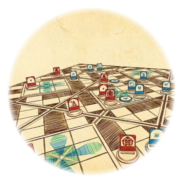 The Labyrinth in Play A cinematic digital sketch showing a full game board with character standees positioned across modular tiles.