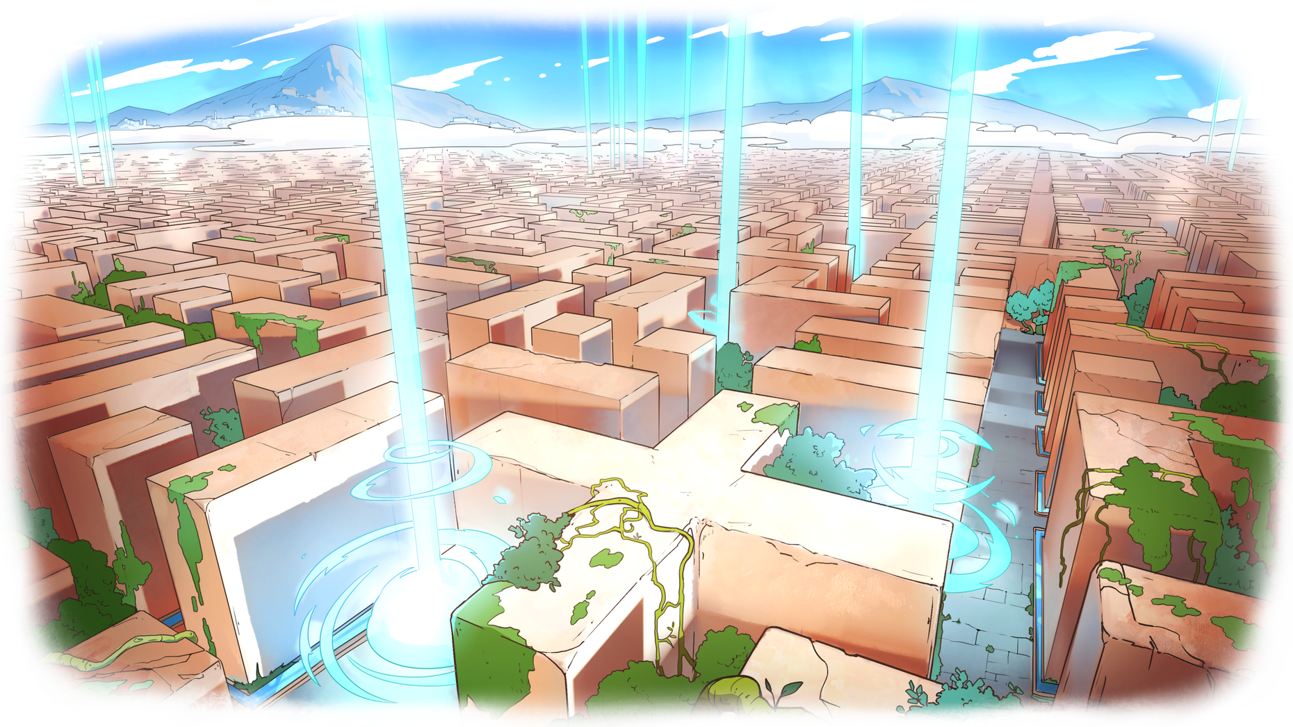 A wide-angle view of a sprawling terracotta labyrinth stretching to the horizon, with shafts of light-blue vitae potentia erupting from the ground.