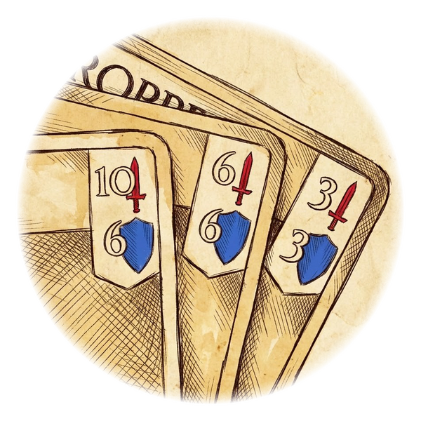 A digital sketch of character cards fanned out to display combat stats like prowess and fortitude.