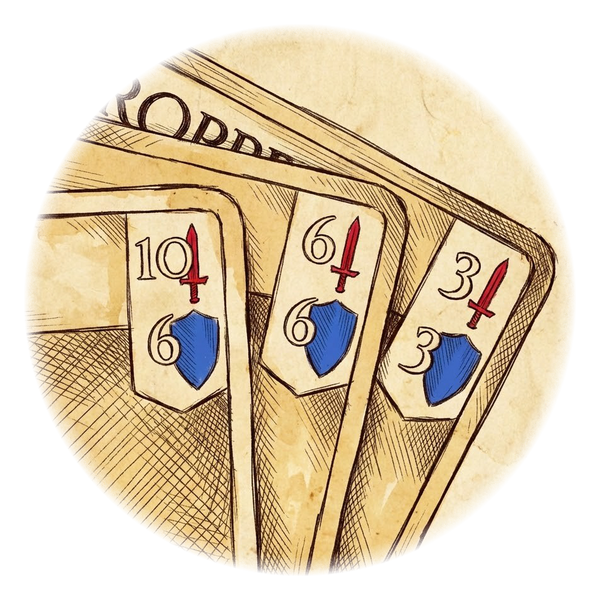 Comparing Stats A digital sketch of character cards fanned out to display combat stats like prowess and fortitude.