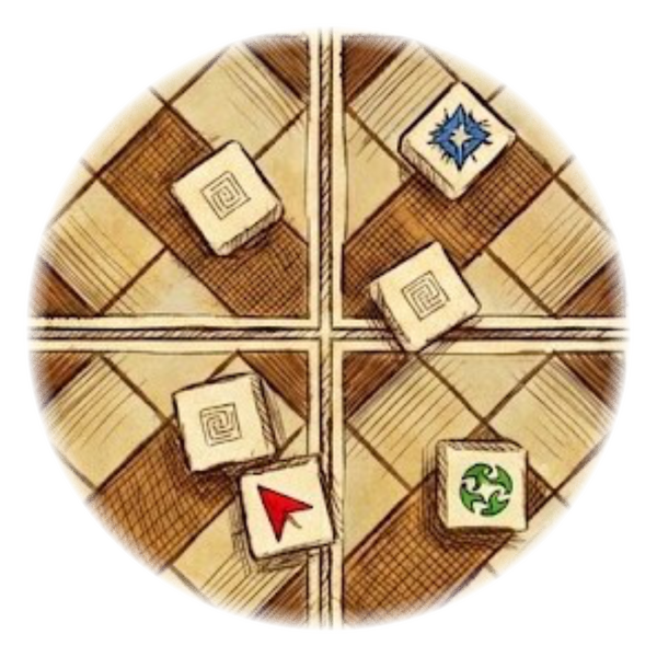 A sketch of six dice rolled onto game tiles, showing a mix of Square, Circle, Triangle, and blank results.