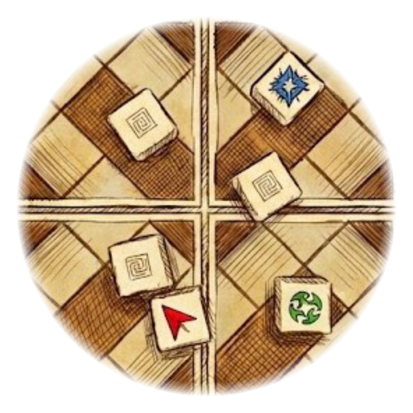 Attacker's Roll A sketch of six dice rolled onto game tiles, showing a mix of Square, Circle, Triangle, and blank results.
