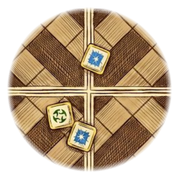 A sketch of three dice on a labyrinth tile showing a Pair result, used for defending against an attack.