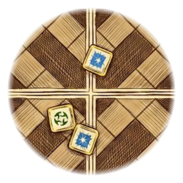 Defender's Roll A sketch of three dice on a labyrinth tile showing a Pair result, used for defending against an attack.