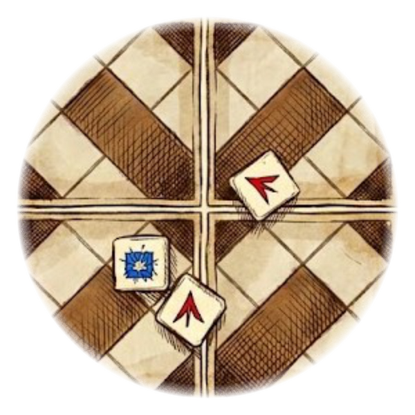 A sketch of three dice on a labyrinth tile showing a Triple result, indicating maximum success.