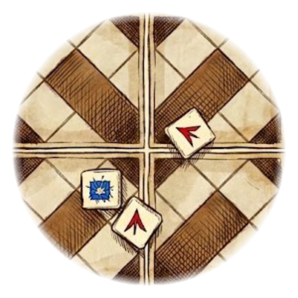 Damage Roll A sketch of three dice on a labyrinth tile showing a Triple result, indicating maximum success.