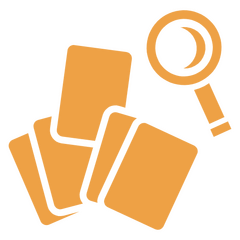 An icon showing a hand of cards under a magnifying glass, symbolizing the strategic assembly of a player's Cast.